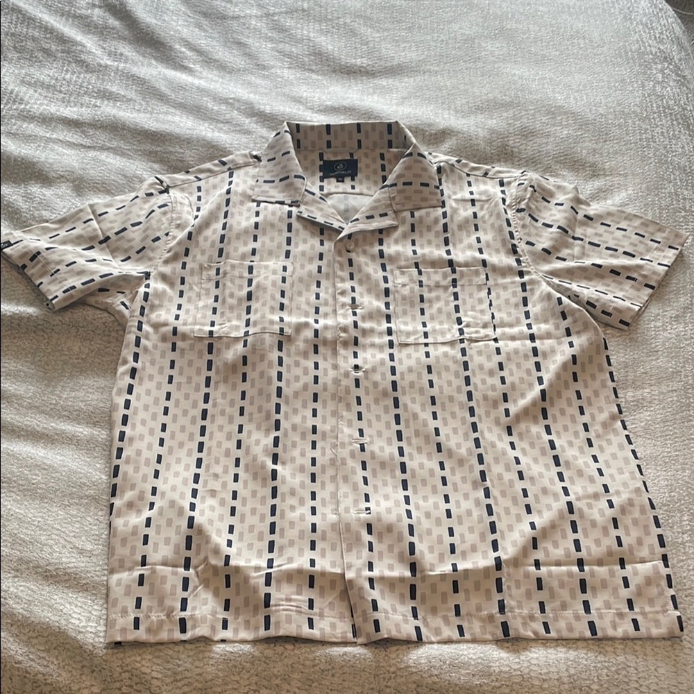Casual Cream and Black Button Down Shirt with Dotted Stripes